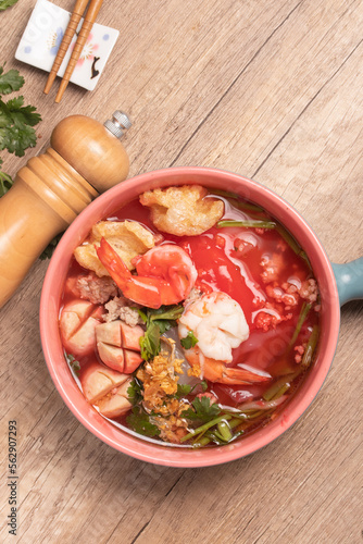 Red Sauce Noodle Soup called Yentafo Noodle, a popular Thai dish.