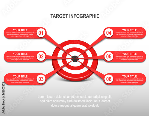 3d red target dartboard with label infographic. target step number. Business data chart, investment goal, marketing challenge, strategy presentation, achievement diagram. information vector template.