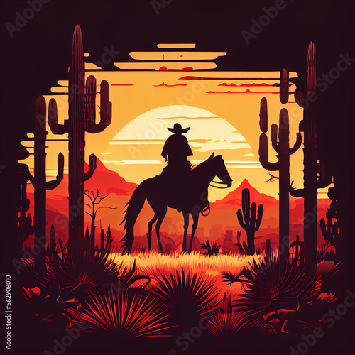 Print op canvas Silhouette of a cowboy and a horse at sunset