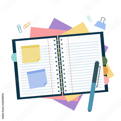 Flat design of notebook with sticky note, color sheets, pen and paper clip on white background