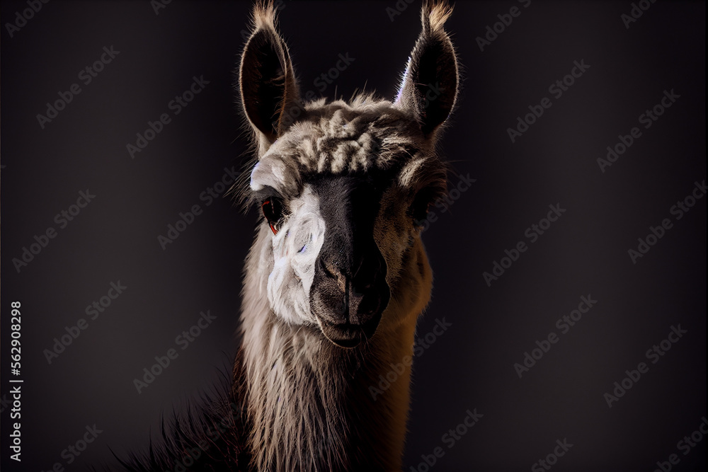 Portrait of a llama on a black background. generative ai