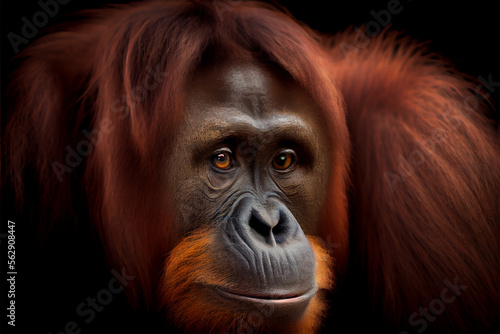 Portrait of a orang utan on a black background. generative ai