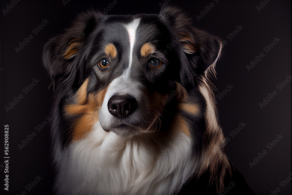 Portrait of a australian sheperd dog on a black background. generative ai Portrait of a australian sheperd dog on a black background. generative ai