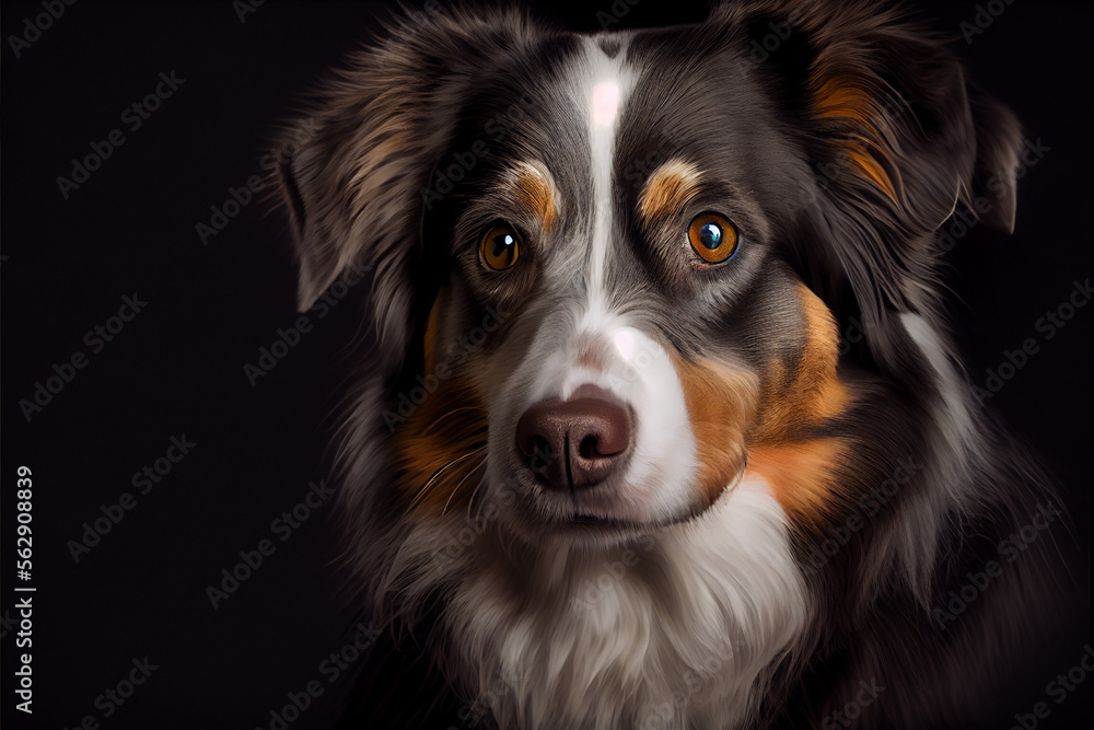 Fototapeta premium Portrait of a australian sheperd dog on a black background. generative ai