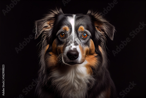 Portrait of a australian sheperd dog on a black background. generative ai