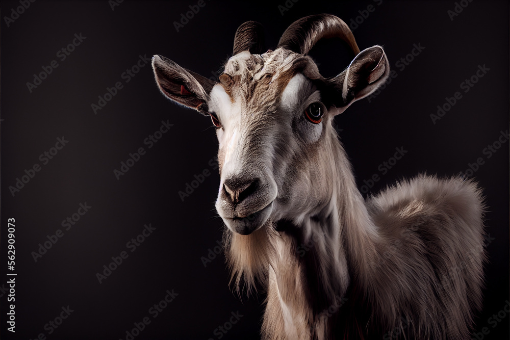 Fototapeta premium Portrait of a goat on a black background. generative ai