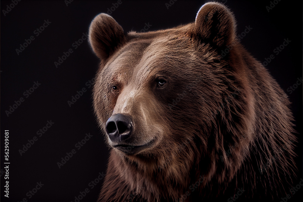 Fototapeta premium Portrait of a brown bear on a black background. generative ai