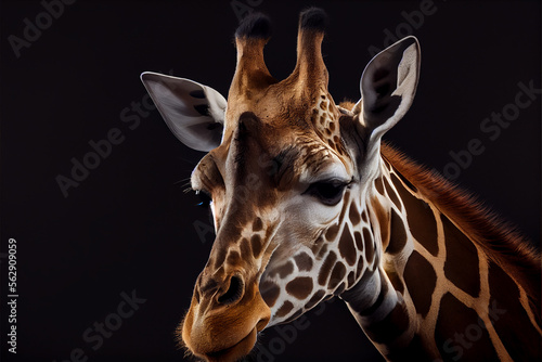 Portrait of a giraffe on a black background. generative ai