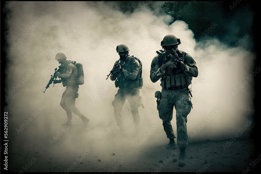 soldiers in a cloud of smoke.Generative AI soldiers in a cloud of smoke.Generative AI
