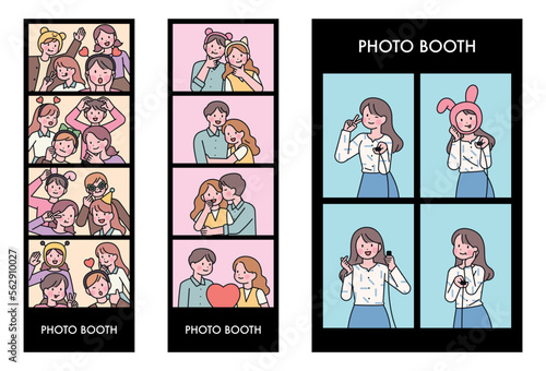 Four-frame photo concept taken at the photo booth. With friends, two couples, selfie.