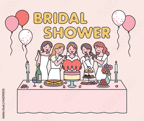 Bridal shower post card. Friends in white dresses are having a celebration party for the bride.