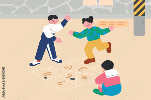 Korean childhood games. Children are drawing lines on the floor and playing a game of hopscotch.