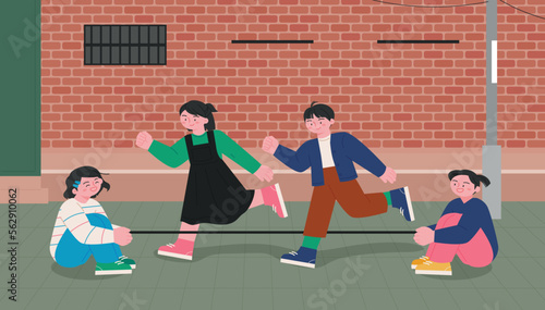 Korean childhood games. Children holding rubber bands and children jumping and dancing on rubber bands.