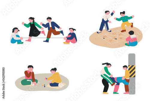 Korean childhood games. Jumping rope, hopscotch, five-stone game, pile driving.