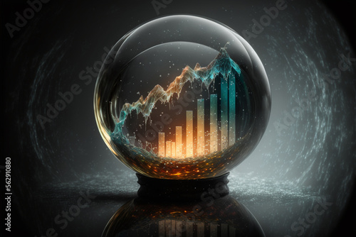 Stock market chart in a crystal ball, illustration, mystery dark background, light reflections and effects, created with generative AI technology photo