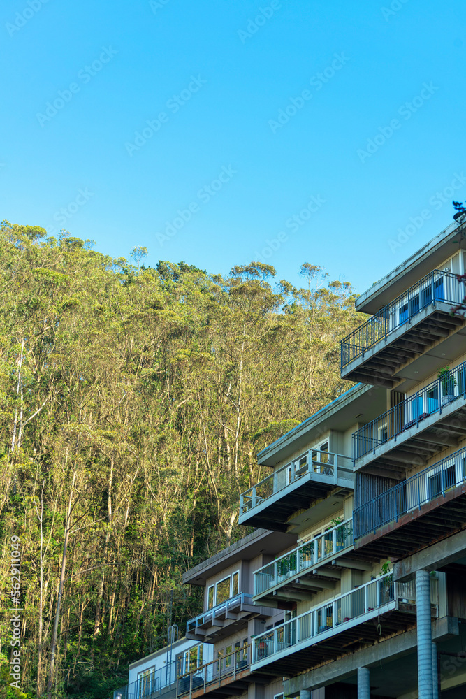 Modern appartment building in the natural suburban area of the city with sunny trees and deep blue clear sky background