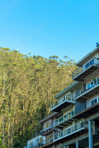 Modern appartment building in the natural suburban area of the city with sunny trees and deep blue clear sky background