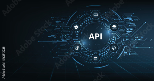 Application Programming Interface (API) design. Software development tool, information technology, modern technology, internet and networking concept on dark blue background.
