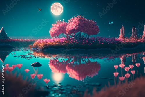 Beautiful landscape in a magical mystical fairy tale forest with a lake. Generative AI