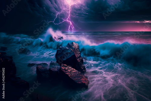 Beautiful lightning storm in the ocean Generative AI