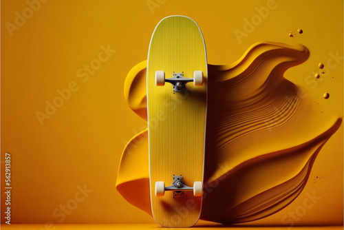 Yellow skateboard or skating surf board on vibrant color background with extreme lifestyle. 3D rendering