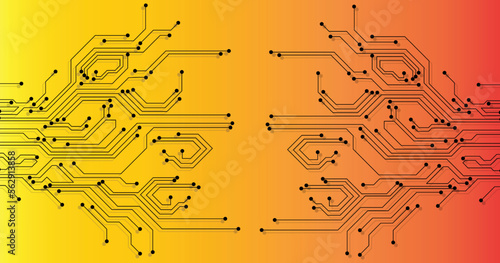 Circuit board technology on yellow background.Vector abstract technology illustration Circuit board on yellow,orange background.High tech circuit board connection system concept.