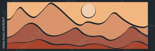 Minimalist abstract art landscape mountain with sunrise sunset by line art texture isolated on dark grey black background. Minimal luxury style for wallpaper, banner, wall art decoration.