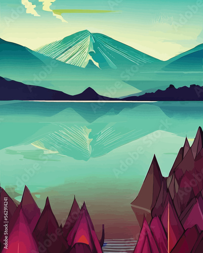 Blue-Green mountains and lake. Landscape with mountains. Vector illustration. - Art Deco Illustration
