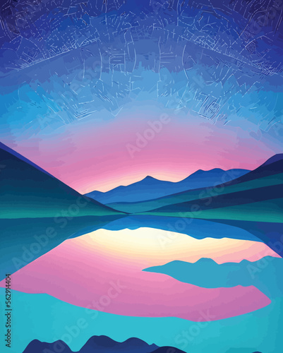 Flamy pink sunset over a lake with mountains in the background. Vector illustration. - Art Deco Illustration