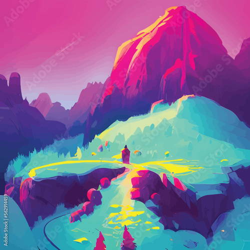 Fantasy green grassland pathway landscape with mountains. Digital painting. Vector illustration. - Colorful Stylistic Art