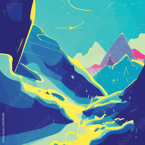 Vector illustration of a bright pathway mountain landscape in the style of pop art. - Colorful Stylistic Art