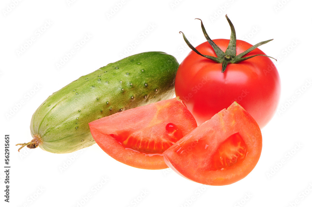 Tomatoes and cucumbers on white background Tomatoes and cucumbers on white background