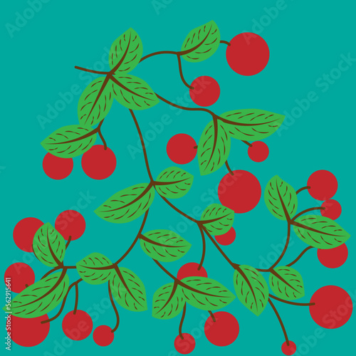 Abstract illustration of red cherry fruit and leaves on isolated turquoise background.