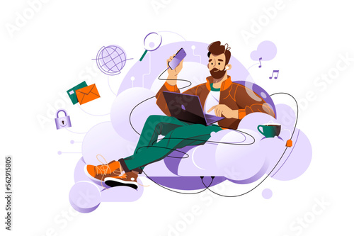 Man sitting on cloud and working on laptop