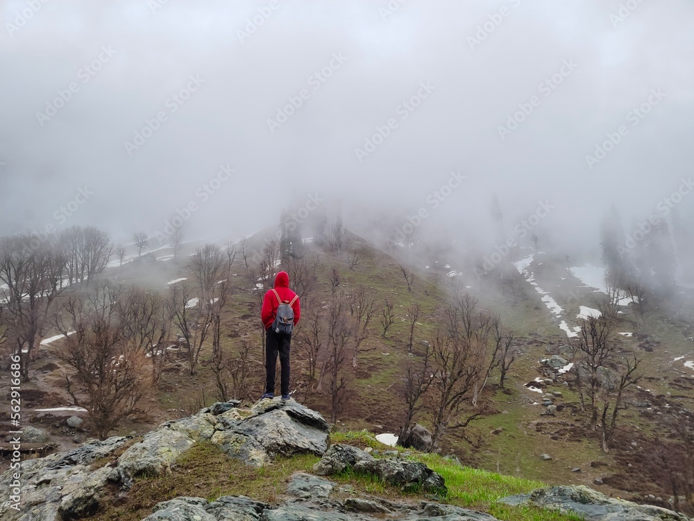 Kashmir, India - April 19 2021 : Solo person in the mountains of kashmir in himalayas