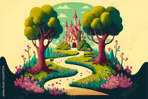 A majestic fairy-tale castle atop a picturesque landscape, with a winding path leading to its gates. Ideal for conveying adventure and drama in any project.