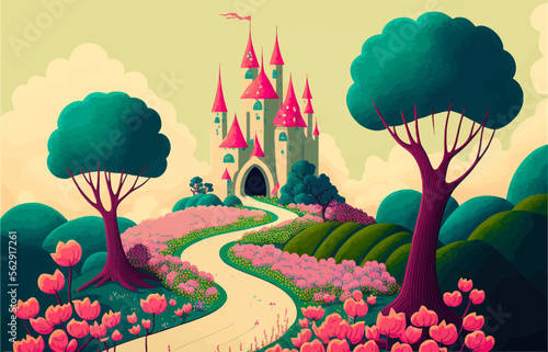 Magnificent fairy tale castle nestled among a surreal landscape. Pathway leads up to grand entrance, perfect for creating an air of mystery or fantasy.