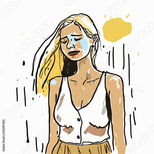 Young blonde woman in the rain. Vector illustration. She is unhappy and sad for this bad weather.