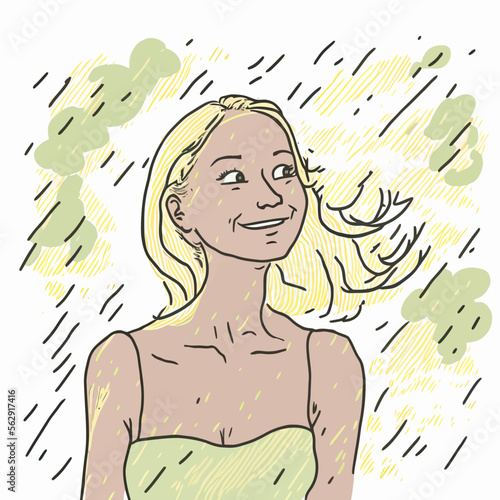 A vibrant, joyful blonde woman in the rain, depicted in a vector illustration. Featuring an emotive scene ideal for capture attention in graphic designs.