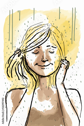 Blonde woman taking a refreshing shower, perfect for portrait or illustration applications evoking calm and relaxation.