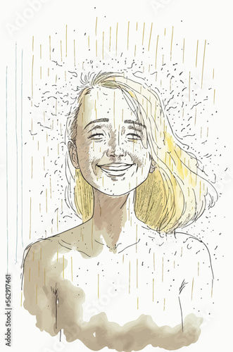 Blonde woman taking a refreshing shower - ideal for lifestyle content, emotions or wellness-related graphics. Relaxing, positive moment captured.