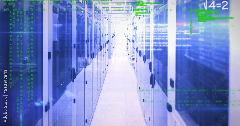 Animation of data processing and mathematical equations against computer server room Animation of data processing and mathematical equations against computer server room
