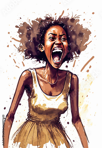 African woman forcefully expressing her feelings and releasing negative emotions by shouting. Perfect for use in visuals that require strong emotion.