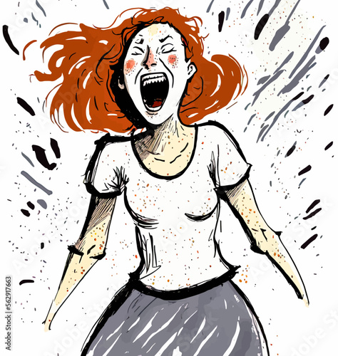 A woman releases her frustrations through powerful vocalization and physical expression of rage. Ideal for illustrating energetic emotions.