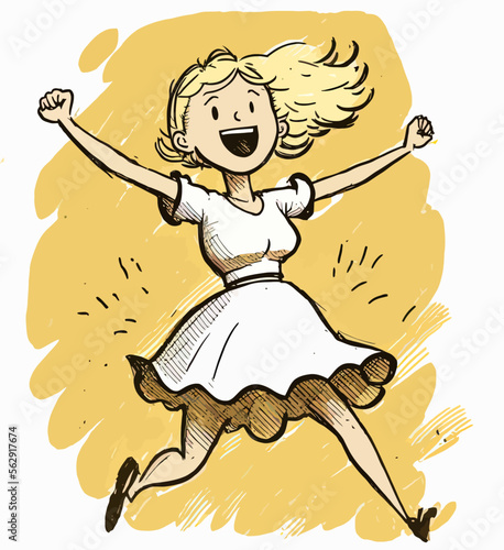 Joyful woman celebrates with a jump and a cry of excitement. Positive emotions and upbeat attitude. Perfect for illustrating success, good news and optimism.