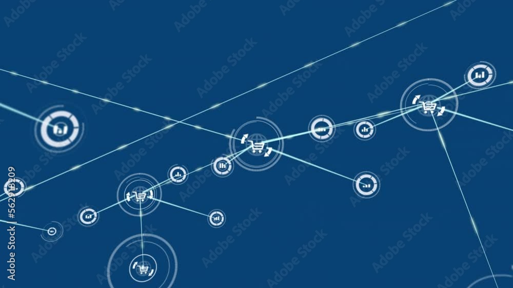 Animation of hexagonal shape pattern over network of digital icons against blue background Animation of hexagonal shape pattern over network of digital icons against blue background