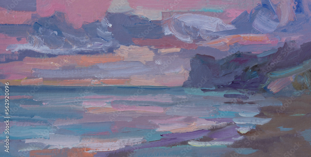 Seascape sunset oil painting. Painting pink sunset on the sea. Summer background in delicate pastel blue shades. The concept of calm and tranquility. Horizontal artistic background for the design.
