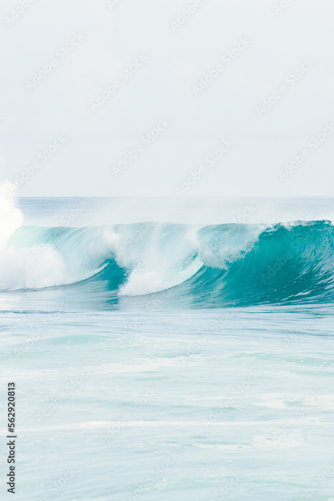 (Selective focus) Stunning view of some ocean waves breaking on the shore during a beautiful sunny day. Crushing waves, ocean waves relaxation. Bali, Indonesia.