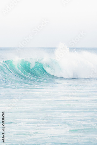 Obraz na płótnie (Selective focus) Stunning view of some ocean waves breaking on the shore during a beautiful sunny day. Crushing waves, ocean waves relaxation. Bali, Indonesia. w salonie