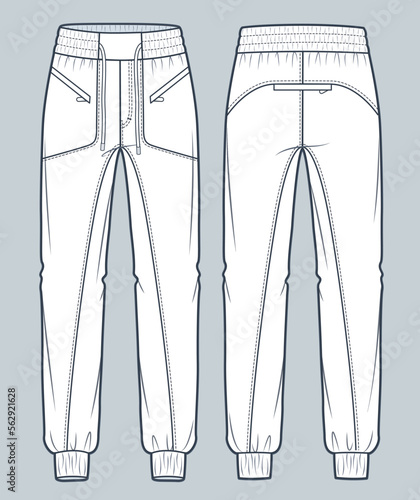 Jogger Pants technical fashion illustration. Denim Pants fashion flat technical drawing template, pocket, elastic waistband, front and back view, white color, women, men, unisex CAD mockup.